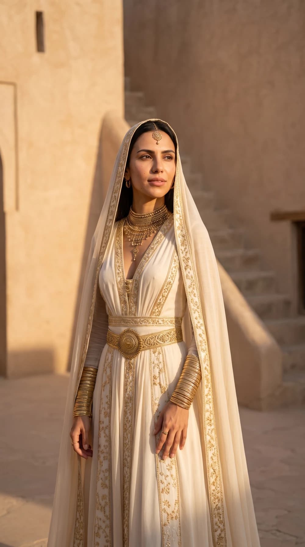 Altın İşlemeli Krem Kaftan & Pelerin — Saray Konsepti