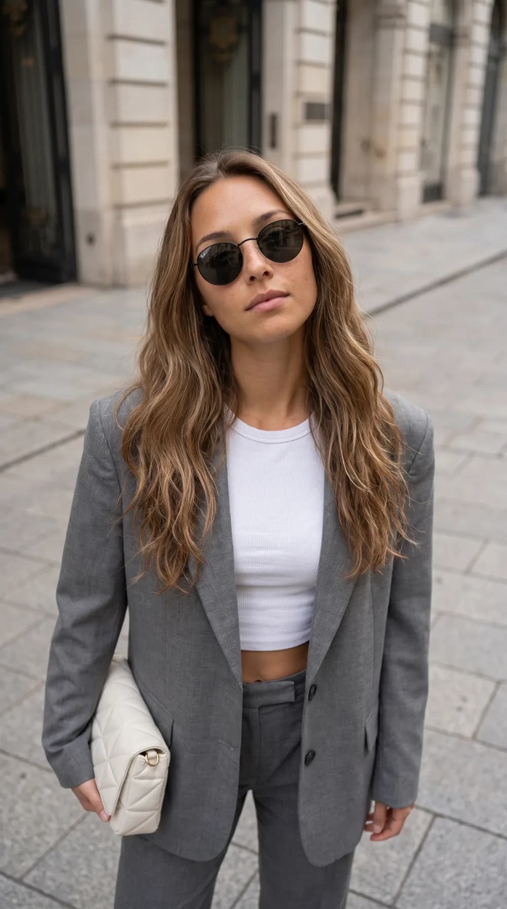 Şehir Şıklığı — Gri Blazer & Minimal Aksesuar